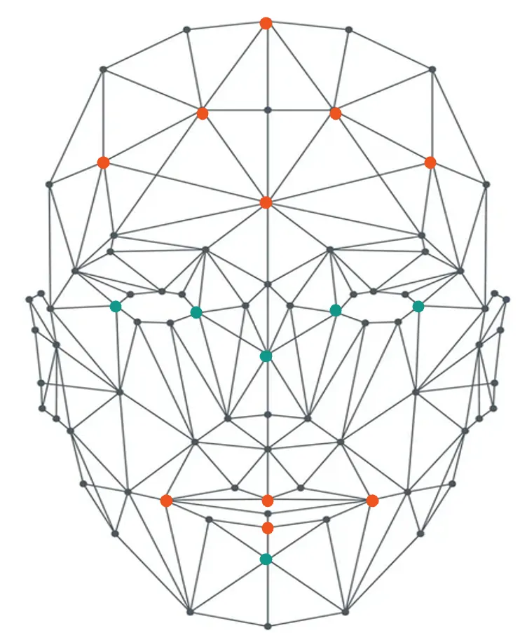 Facial response points mapped across a geometric face model